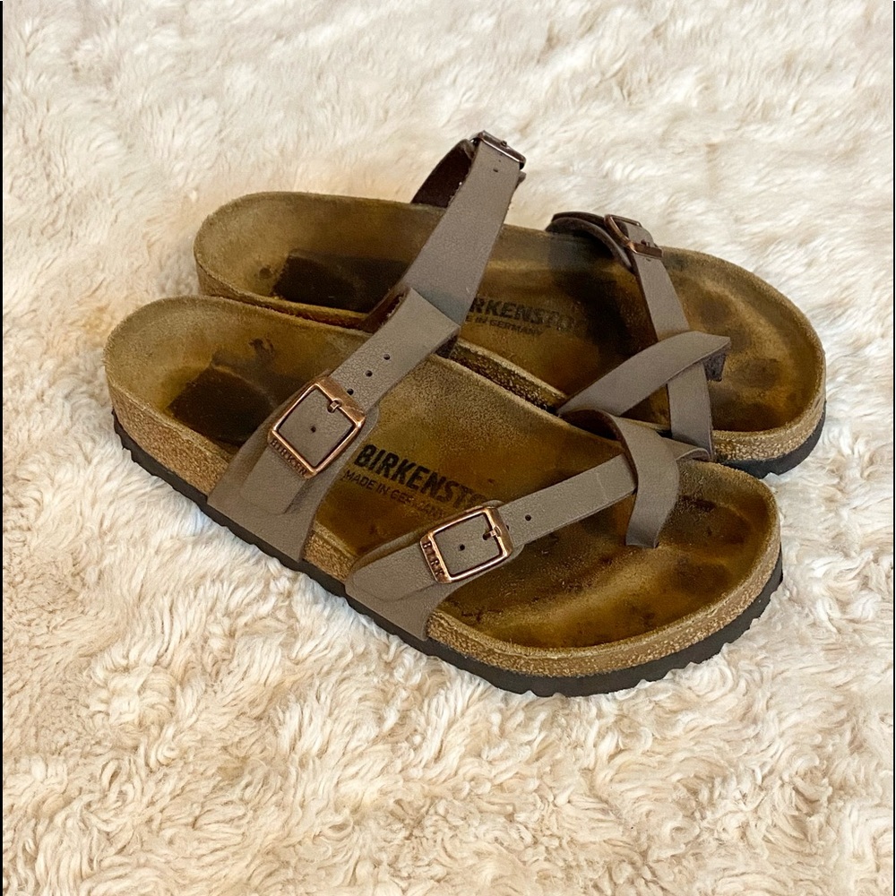 BIRKENSTOCK Mayari Burko-Flor Mocha sandals.